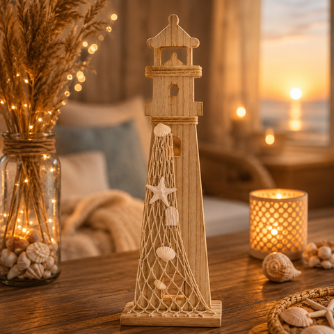 Rustikaler leuchtturm aus holz 41cm mit gewebe-netzdesign und muscheln in naturtönen und weißen seesternen