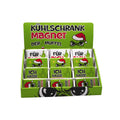 Grüner kühlschrankmagnet festtags-muffel mit cartoon grinch in weihnachtsmütze und brille, 9x6,5 cm