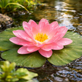 Schwimmblume mit wassertropfen zeigt eine zarte rosa seerose mit gelbem mittelpunkt auf ruhigem teichwasser