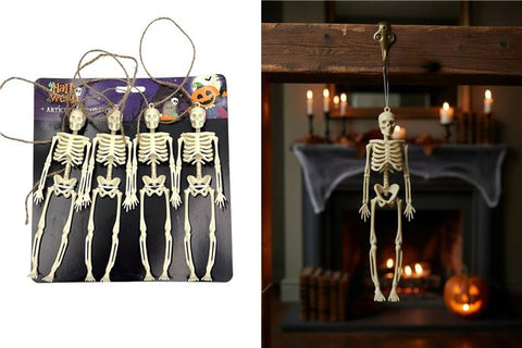 Beige plastik skelett ornament 17cm zum aufhängen als halloween dekoration im skelett set 4 teilig