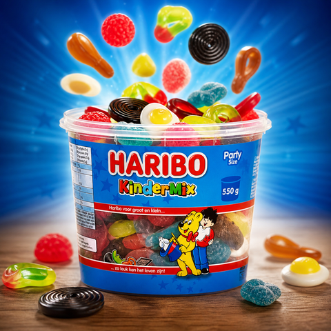 Ein lebhafter blauer plastikbehälter haribo kindermix 550g gefüllt mit bunten gummibonbons in verschiedenen formen