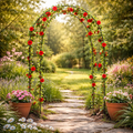 Ein schwarzer metallrosenbogen mit leuchtend roten rosen und üppigen grünen ranken für den garten