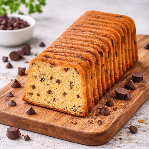 Goldbrauner stracciatella-kuchen 400 g mit feuchtem, dichtem inneren und dunklen schokoladenstücken versehen