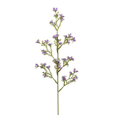 Ein schlanker künstlicher jasminzweig mit zarten lila blüten und grünem blattwerk