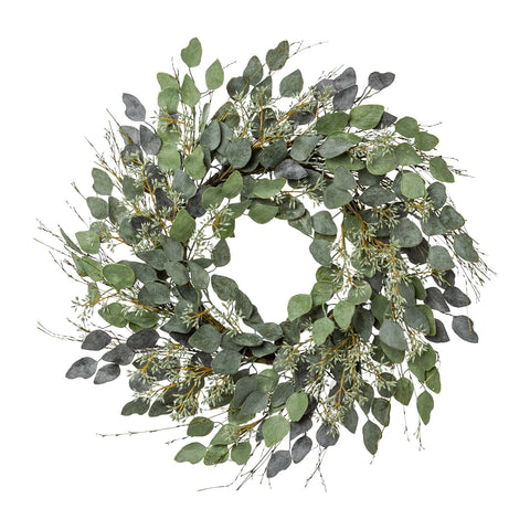 Ein runder eukalyptus-mix-kranz mit grün-grauen blättern, weißen blüten und dünnen braunen zweigen