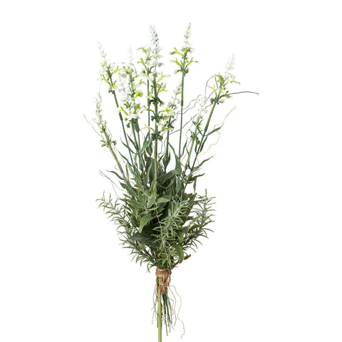 Ein bund künstlicher salbeiblumen mit zarten weißen blüten und grünen stielen, 48 cm, mit rustikalem twine gebunden