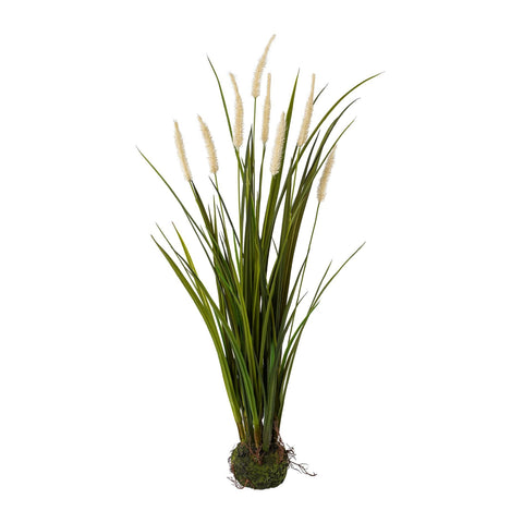 Künstliches grünes miscanthus gras mit weißen federartigen blüten in erdballen 75cm