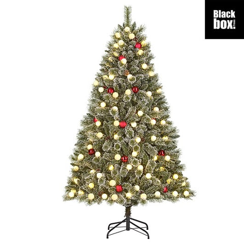 Kaprun weihnachtsbaum grün gefrostet 140 l mit flocken, roten und cremefarbenen ornamenten und warmweißen lichterketten auf schwarzem ständer