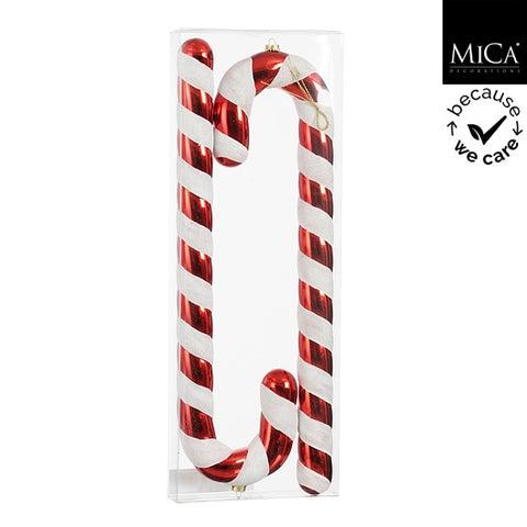 Zwei glänzende rot-weiß gestreifte zuckerstange ornament aus kunststoff im transparenten display 17x5x60 cm