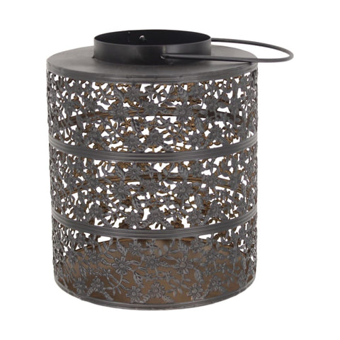 Dunkelgraue metall solarlaterne mit filigranen blumenmustern und rundem griff 22x22x28cm schwarz