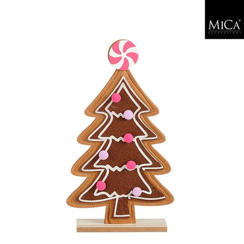 Dekoration Baum Pfefferkuchen aus warm braunem Filz mit rosa weißem Pfefferminzspitzen festlich gestaltet