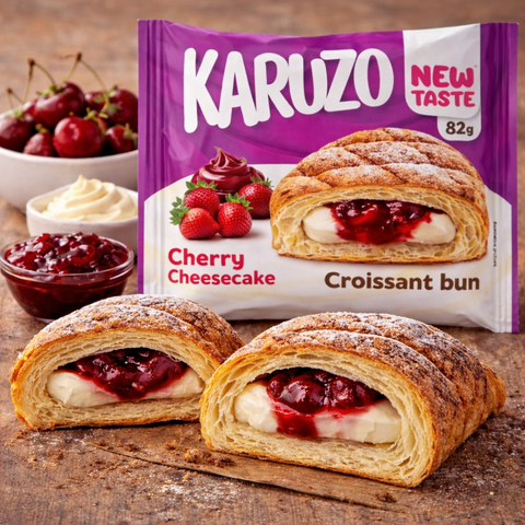 Karuzo gefüllte croissants 82 g mit kirsche cheesecake füllung, goldbrauner blättriger teig und puderzucker bestäubt