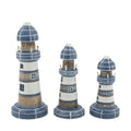 Drei dekorative holzleuchttürme mit blau weißen streifen und kleinen fensterdetails leuchtturm 3er set blau weiß