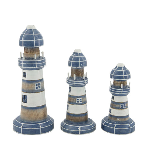 Drei dekorative holzleuchttürme mit blau weißen streifen und kleinen fensterdetails leuchtturm 3er set blau weiß