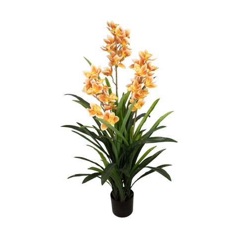 Ein hoher künstlicher cymbidium orchideen pflanze mit orange-gelben blüten in einem schwarzen topf 40x40x150cm