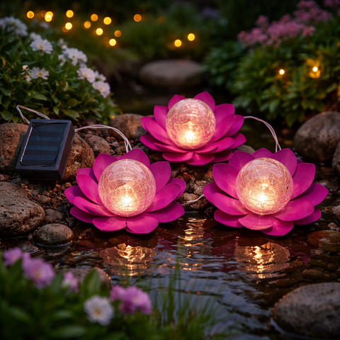 Led solar lotusblüte 3er-set mit leuchtend pinken lotusförmigen gartenleuchten und warmglühenden crackle-glaskugeln