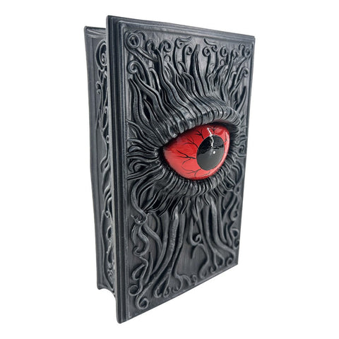 Gruseliges buch 12x5x20 cm schwarz mit rotem und schwarzem auge geprägt auf dem einband