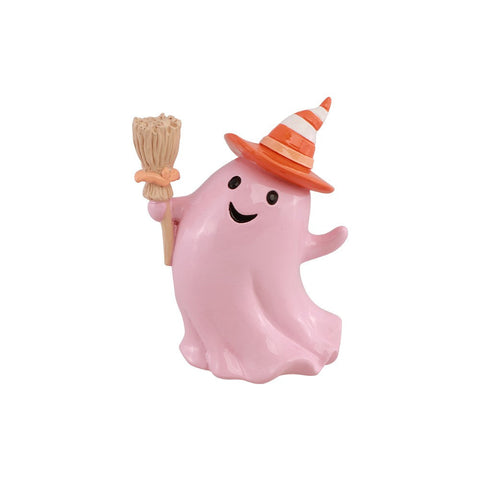 Pinkfarbener geist mit orangem und weiß gestreiftem hexenhut und strohbesen geist mit besen summerween 12.3x8.8x15 cm
