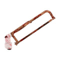 Beige handgriff hacksaw with red splatter paint and white bandage grip bloodstained saw 45x2x11 cm halloween prop