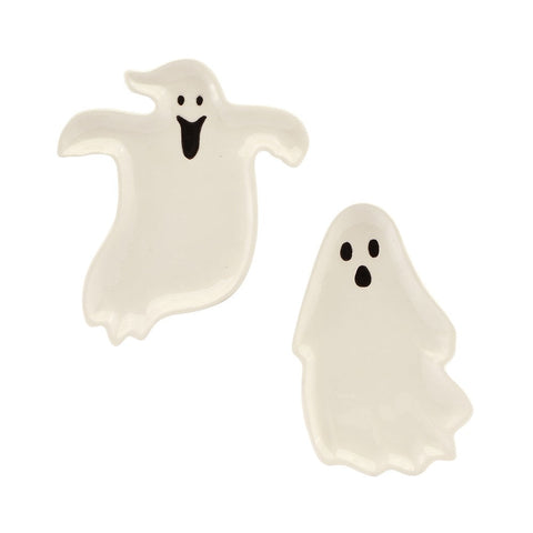 Zwei weiße keramik-geister-servierplatten teller geist summerween mit schwarzen gesichtszügen 17x1,5x20 cm