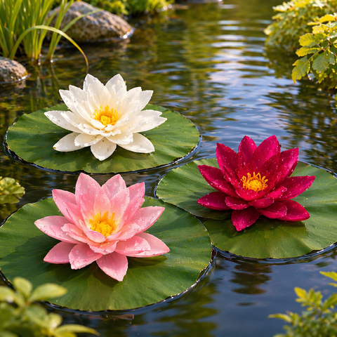 Schwimmblume mit wassertropfen aus kunststoff in weiß, rosa und dunkelrot auf grünen seerosenblättern im teich