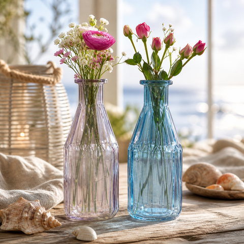 Zwei glasvasen 8x20 cm aus klarem und lavendelfarbenem glas mit facettiertem geometrischem design