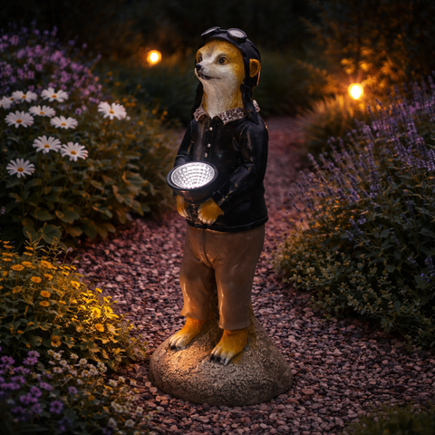 Ein solar-erdmännchen pilot 30cm gartenfigur in schwarz-braun mit lederjacke und beleuchtetem solarstrahler