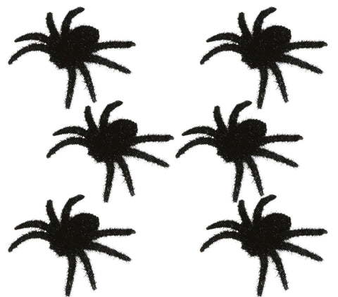 Haarige schwarze spinnen 6er set 6 cm aus flauschigem material für gruseldeko und halloweenfest