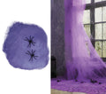 Lila transparente spinnweben dekorationsstoff mit schwarzen plastikspinnen 100 g für halloween und partydeko