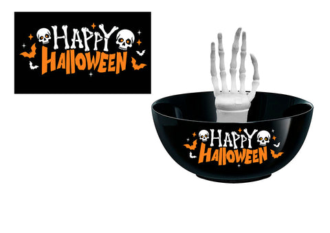 Schwarze plastik halloween candyschale happy halloween mit skelett hand 25 cm mit totenkopf und fledermaus design