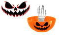Orange plastik-halloween-candyschale mit schwarzem und rotem kürbisgesicht und weißer skeletthand 25 cm