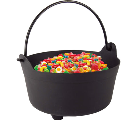 Schwarzer hexenkessel 24 cm aus gusseisen gefüllt mit bunten gummibonbons