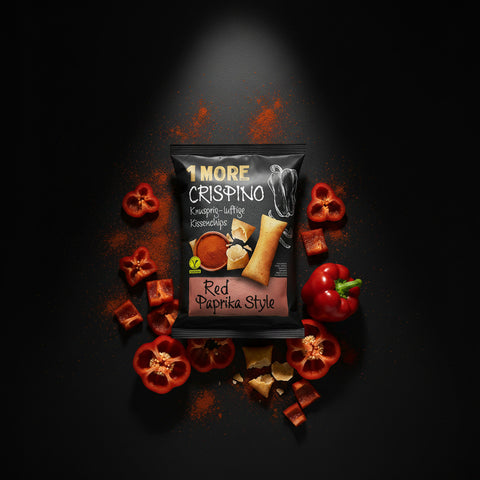 Schwarze tüte mit 1 more crispino red paprika style snackchips 100g in paprika geschmacksrichtung