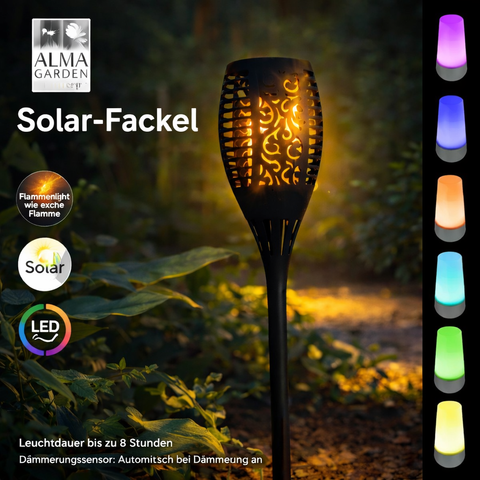 Schwarze metall solarfackel mit filigranen ausschnitten und flammenförmigem led-licht solarfackel 3in1 farbwechsel 12x78 cm