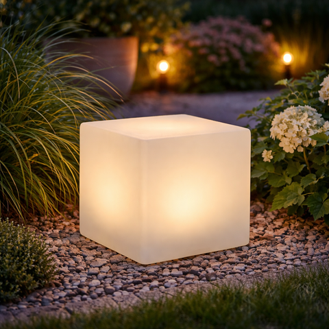 Eine weiche, leuchtende weiße solar würfelleuchte led 30x30 cm aus mattiertem kunststoff für den außenbereich