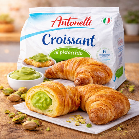 Antonelli pistazien croissant 225-250 g mit goldbraunem blättrigen teig und leuchtend grüner füllung mit nussstücken