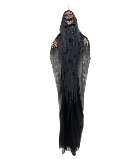 Led-zombie xxl hängend mit sound 360 cm schwarzer zerrissener stoffgeist mit leuchtenden roten augen und skelettgesicht