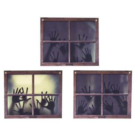 Fensterkleber hände 3er pack mit schwarzen handsilhouetten auf dunkelholzrahmen und satiniertem glasfenster