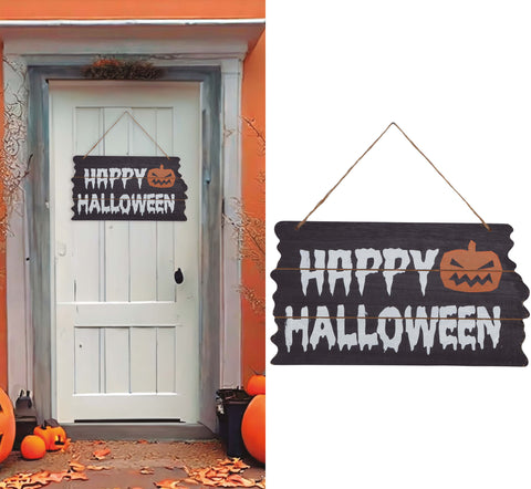 Schwarzes hölzernes halloween schild mit weißen tropfenden buchstaben und oranger kürbisgesicht zum aufhängen 34x19 cm