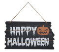 Schwarzes hölzernes halloween schild 34x19 cm mit weißer tropfender schrift und orangefarbenem kürbisgesicht