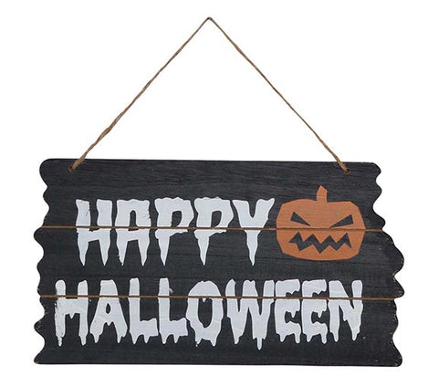 Schwarzes hölzernes halloween schild 34x19 cm mit weißer tropfender schrift und orangefarbenem kürbisgesicht