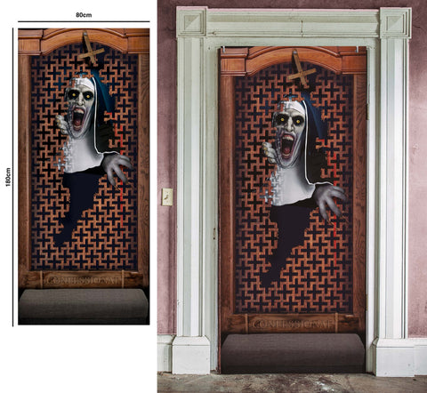 Türvorhang beichtstuhl 80x180 cm mit gruseligem 3d-vinyl-türdekordesign einer schreienden nonne am beichtstuhl