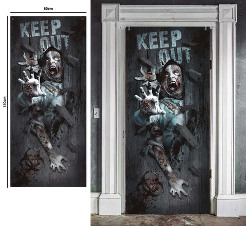 Gory zombie-themed türvorhang mit keep out text und blutflecken auf dunklem vintage holz 80x180 cm