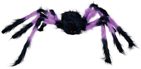 Eine plüschige schwarze und lila spinne von 75 cm mit flauschigen beinen und leuchtend roten augen