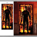 Halloween-türvorhang killer in flammen 80x180 cm mit finsterer figur in dunkler kleidung und feurigem hintergrund