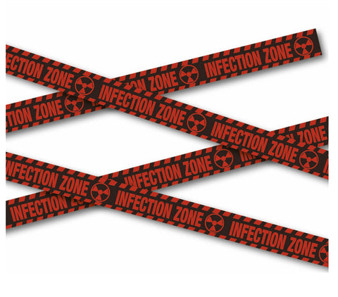 Absperrband infection zone 6 m in rot und schwarz mit strahlensymbolen zur kennzeichnung von infektionbereichen