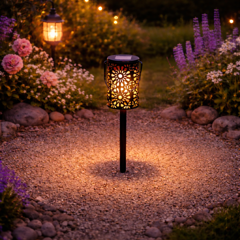 Schwarzer metall solar-gartenstecker mit filigranem floralen ausschnitt und warmweißem led-lichtschein