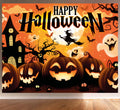 Stoffbanner happy halloween 220x150 cm mit leuchtenden orangen kürbissen, hexenbesen und gruseligen silhouetten