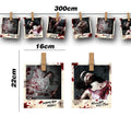 Papiergirlande kriminalfotos 274 cm mit halloween-motiven bloody scenes text als wanddeko aus holzklammern