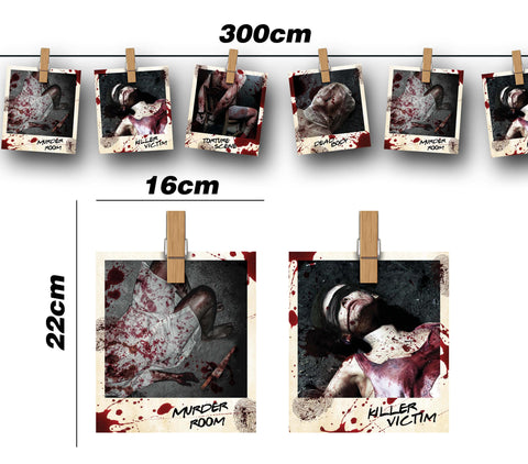 Papiergirlande kriminalfotos 274 cm mit halloween-motiven bloody scenes text als wanddeko aus holzklammern